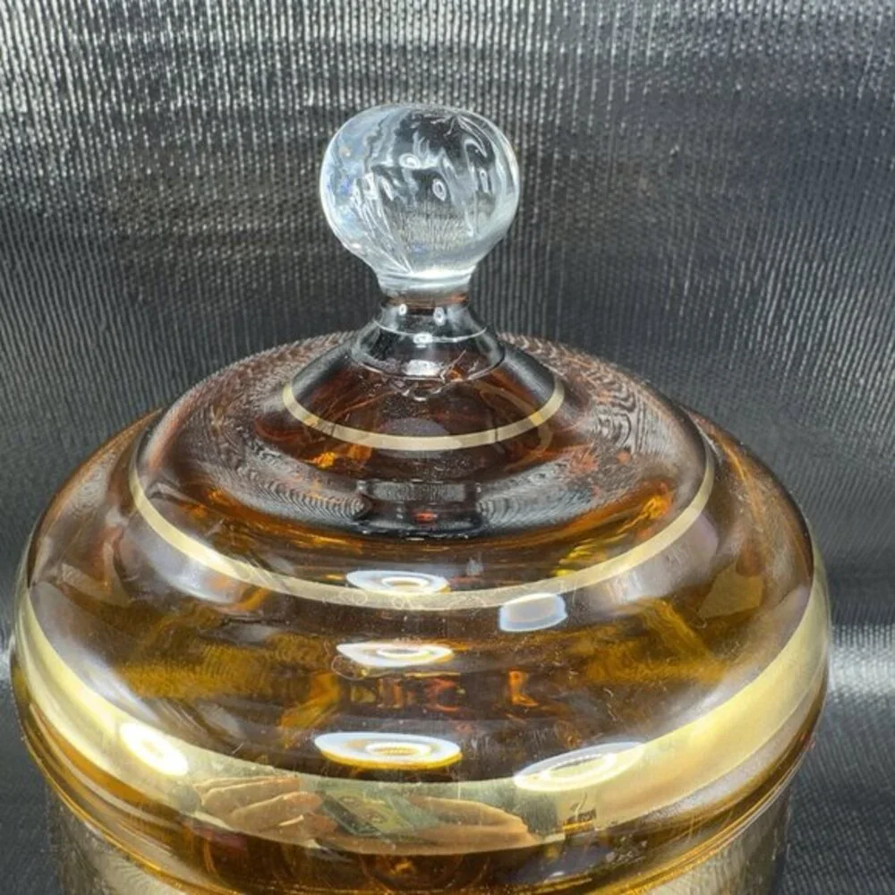 1980s Venetian Art Glass Tall Footed Dish Container Candy Dish Jar Amber Jeweled